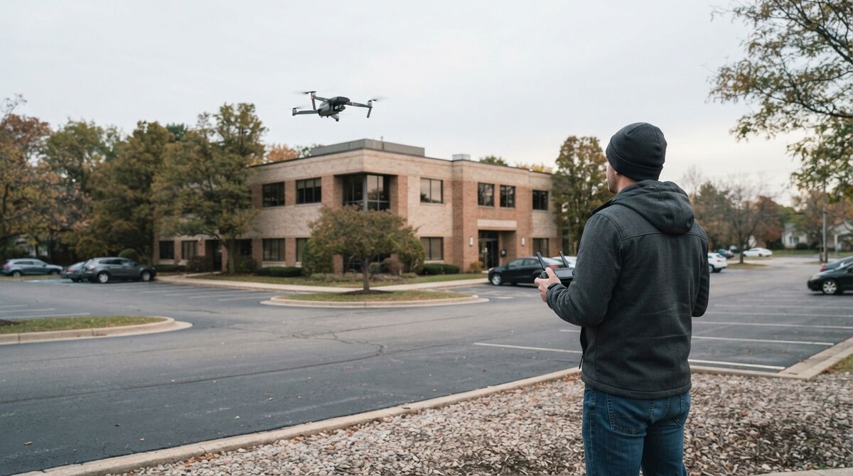 Drone pilot in a parking lot flying an orbit around a two-story office building to capture video for a 3D model
