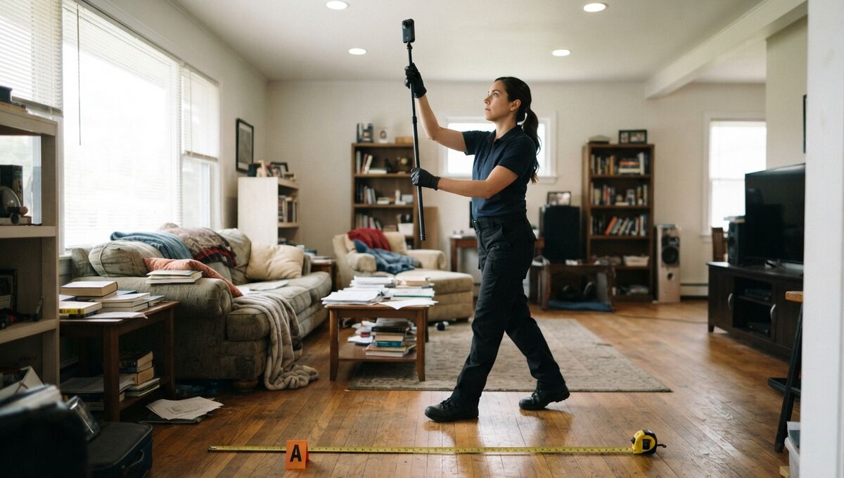 Crime scene technician walking a living room with an Insta360 camera raised on a pole overhead, a tape measure laid on the floor as a scale reference