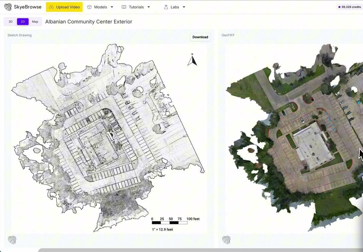 SkyeBrowse 2D view with the auto generated sketch drawing and GeoTIFF map
