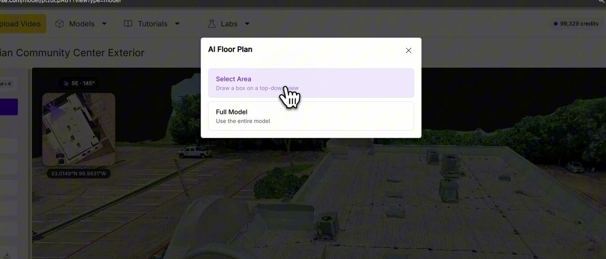 SkyeBrowse AI floor plan options for a selected area or the full model