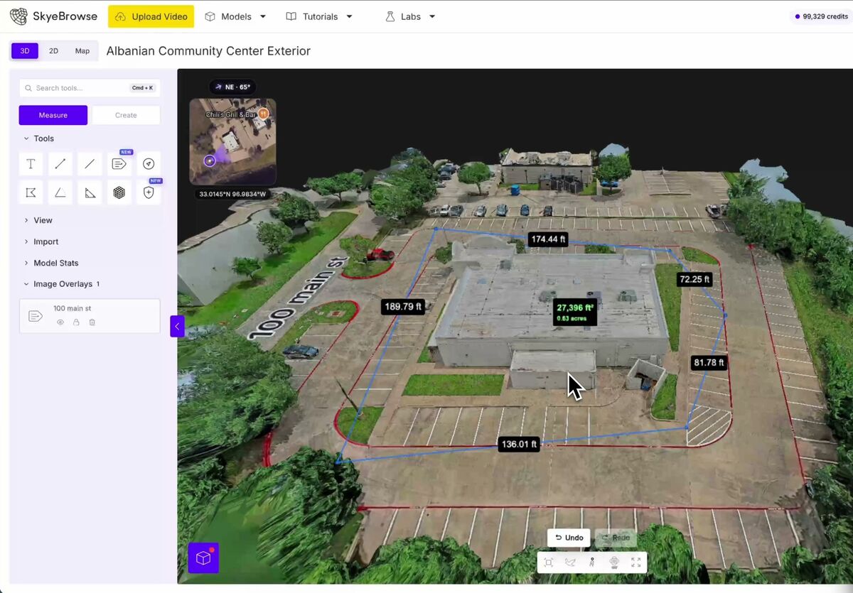 SkyeBrowse area tool calculating 27,396 square feet around a building
