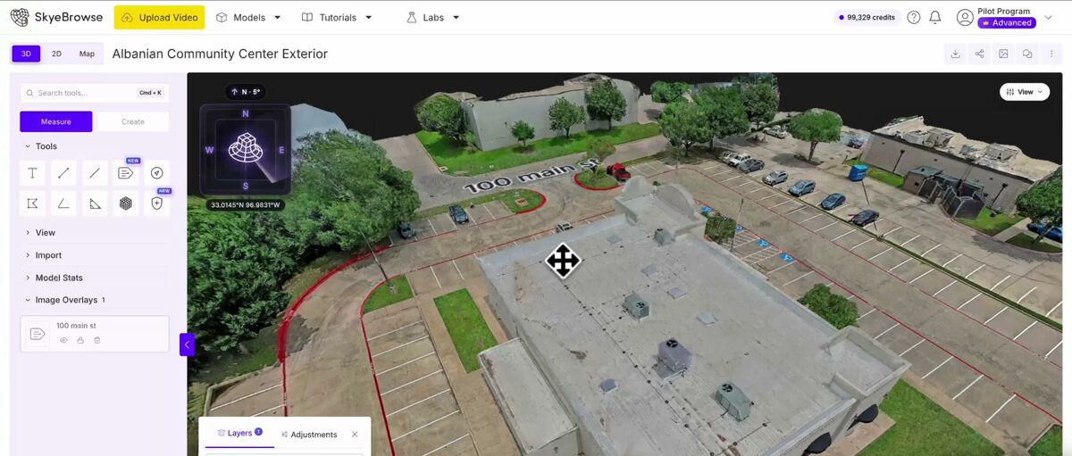 SkyeBrowse compass widget showing camera heading on a georeferenced 3D model