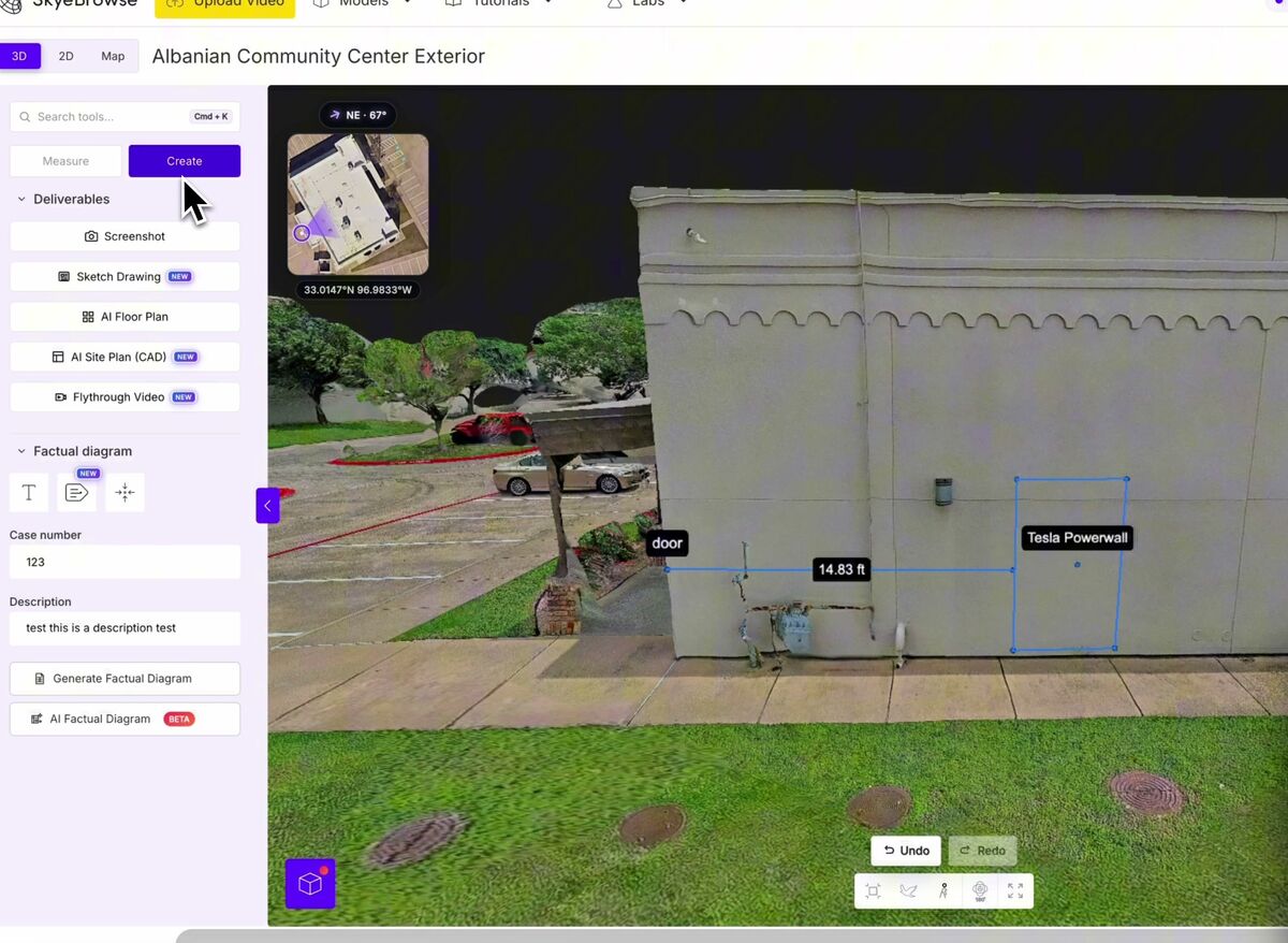 SkyeBrowse Create tab with screenshot, sketch drawing, AI floor plan, AI site plan, flythrough video, and factual diagram tools