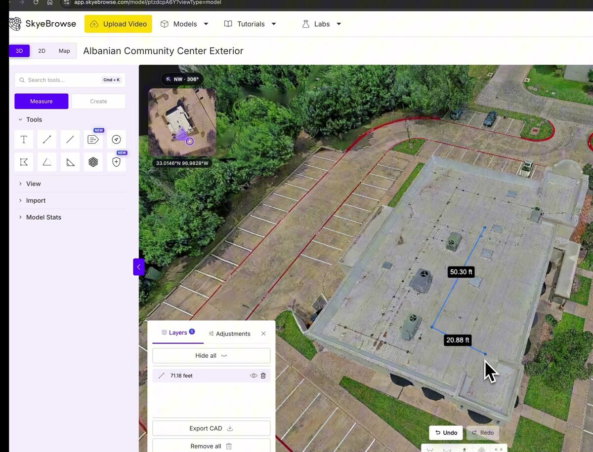 SkyeBrowse distance tool measuring 26.47 feet across a rooftop