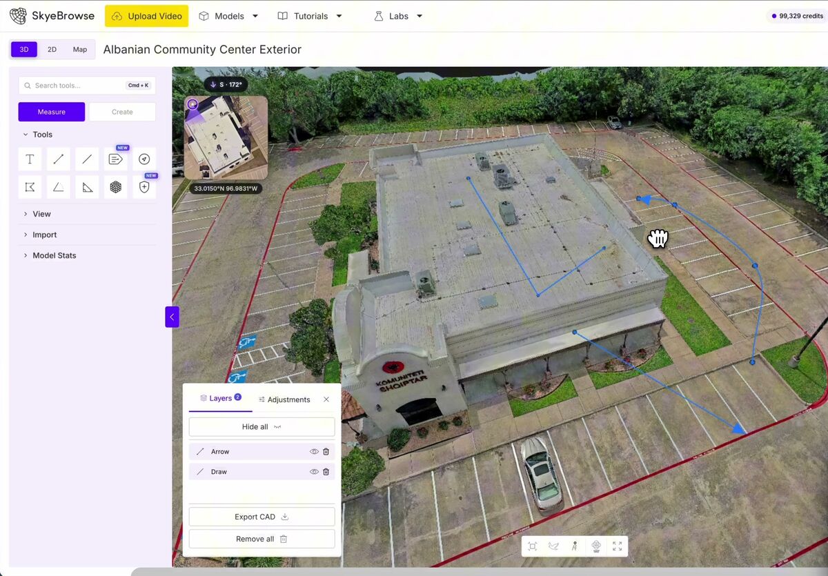 SkyeBrowse draw tool with straight lines and a multi-point curvy arrow on a 3D model
