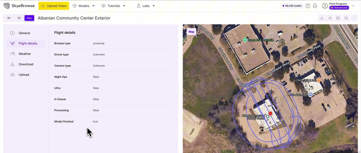SkyeBrowse flight details and recorded drone flight path on the map view