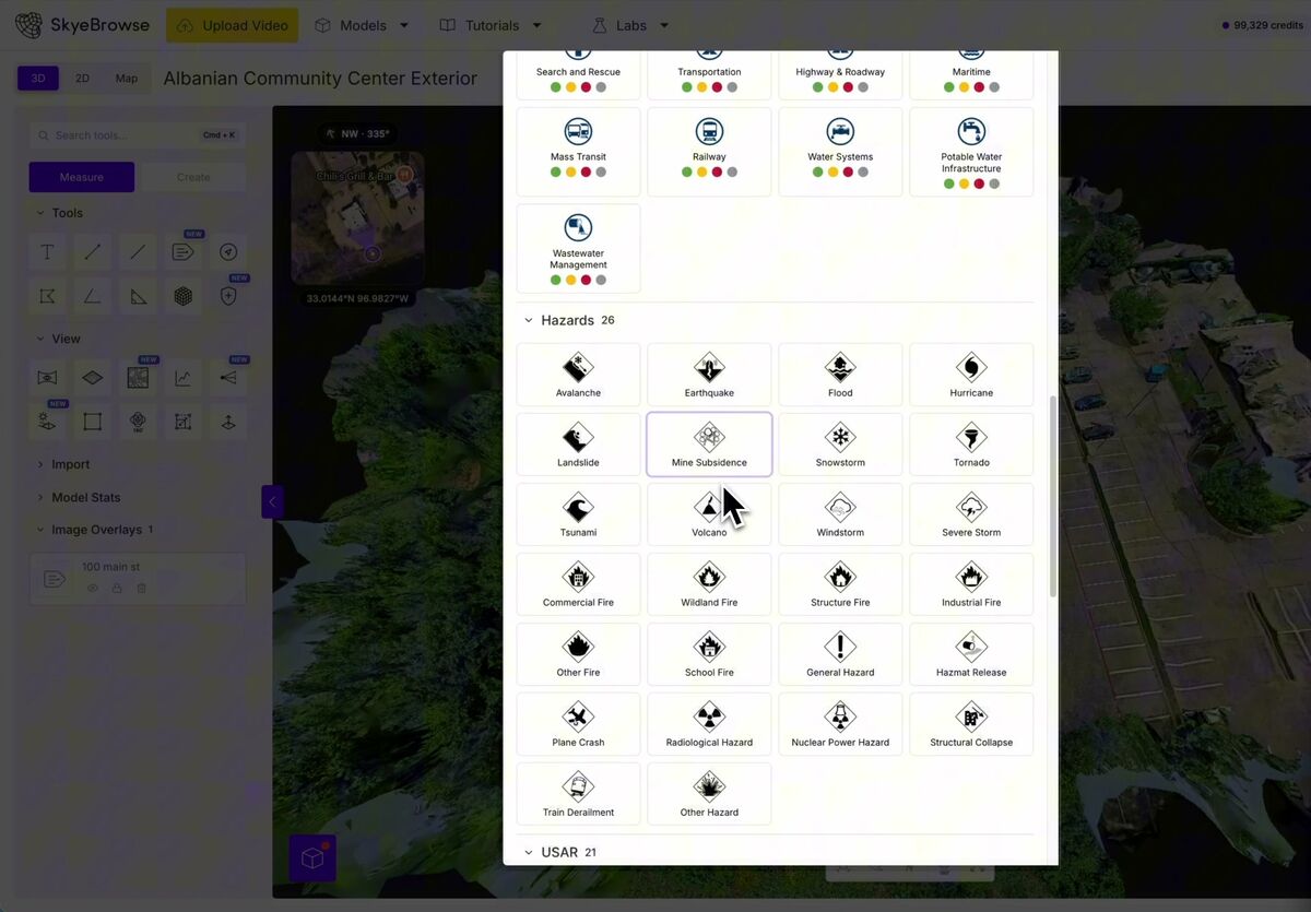 SkyeBrowse icon library showing hazard and public safety symbols for pre-plans