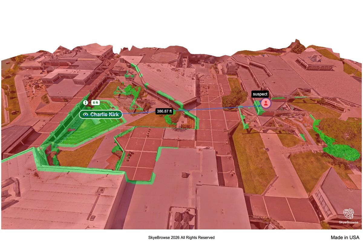SkyeBrowse line of sight tool showing who-can-see-me analysis on a campus 3D model, visible areas in green and a suspect vantage point 386 feet away