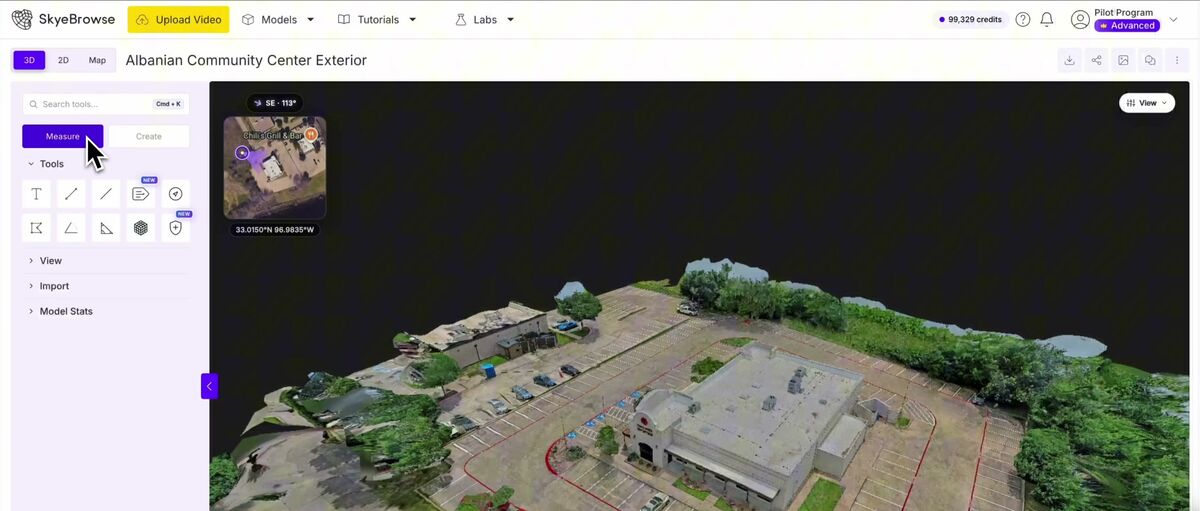 SkyeBrowse 3D model viewer with the Measure and Create tool tabs on the left panel