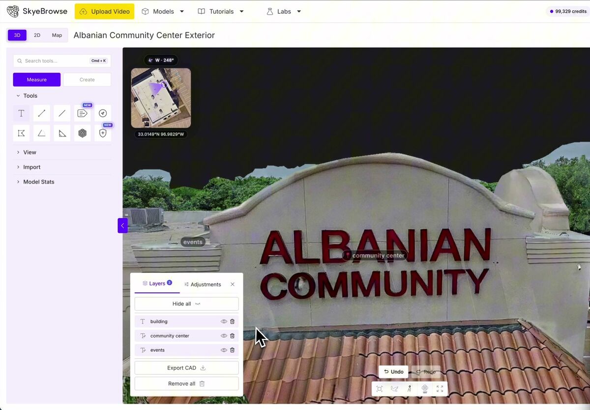 SkyeBrowse object tree listing placed annotations with hide and delete controls