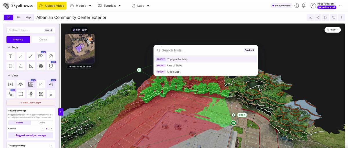 SkyeBrowse power search opened with Cmd K showing recent tools like topographic map and line of sight