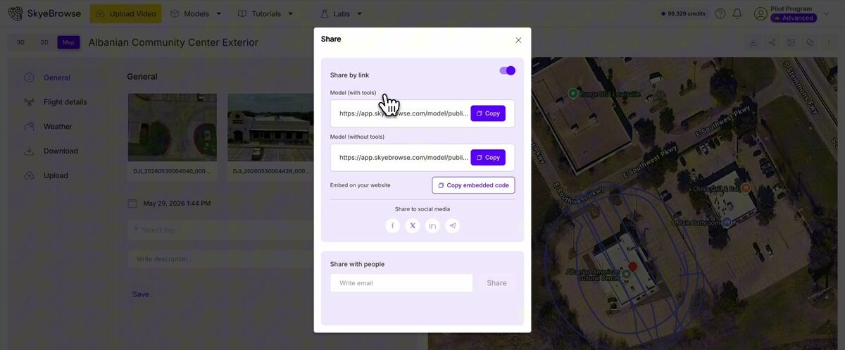 SkyeBrowse share menu with public link options for models with or without tools