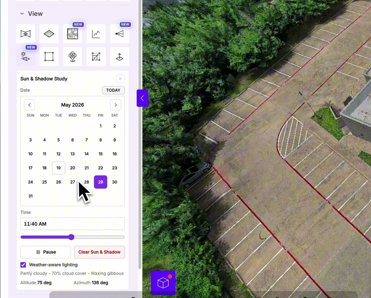 SkyeBrowse sun and shadow study panel with date, time, and weather-aware lighting controls