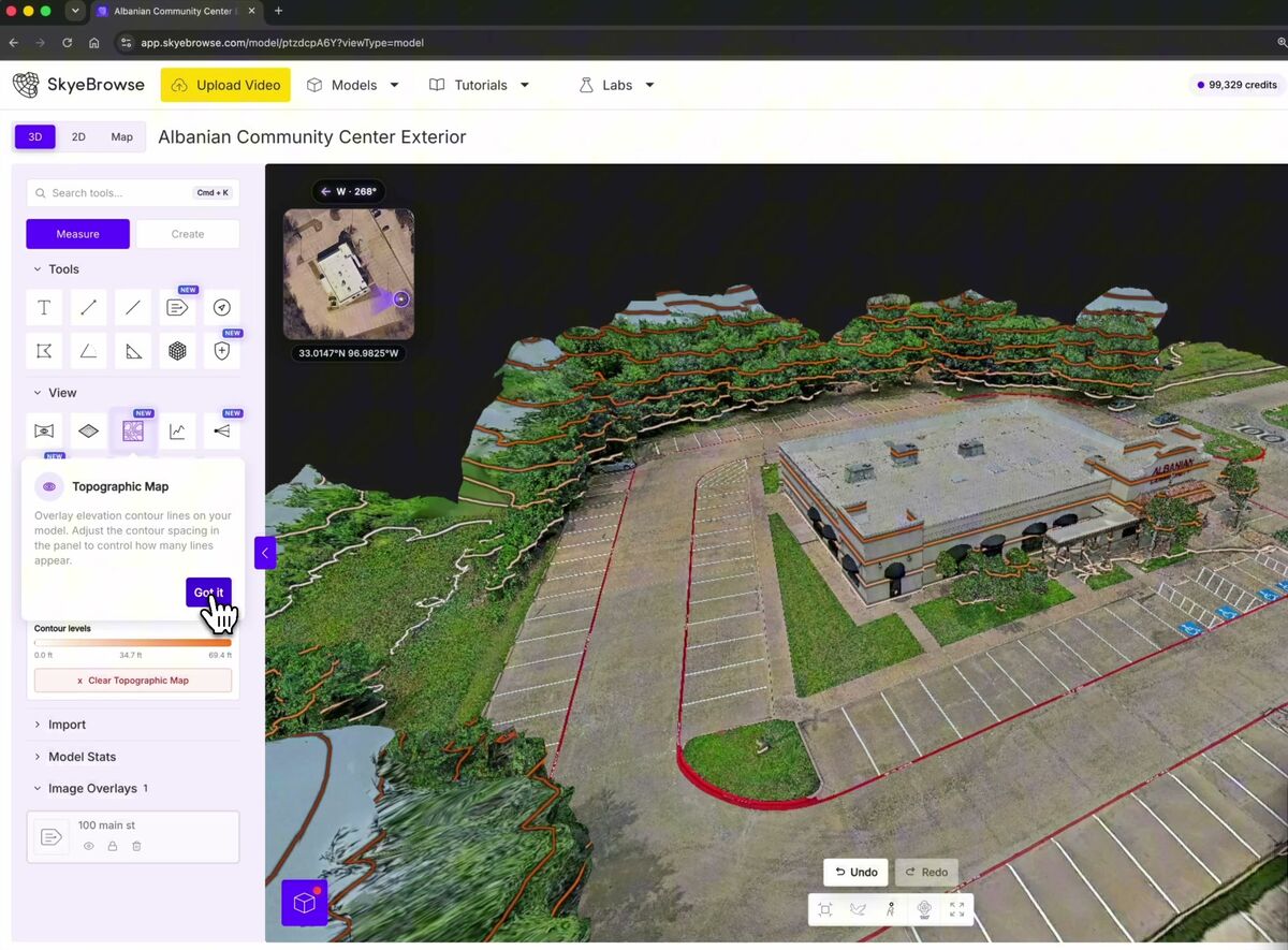 SkyeBrowse topographic map tool showing elevation contours on a 3D model of a community center