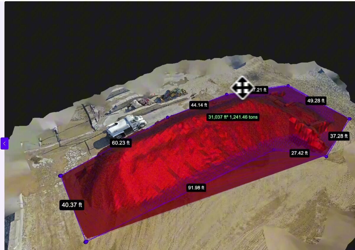 SkyeBrowse volume tool measuring a 31,037 cubic foot aggregate pile with dimension labels