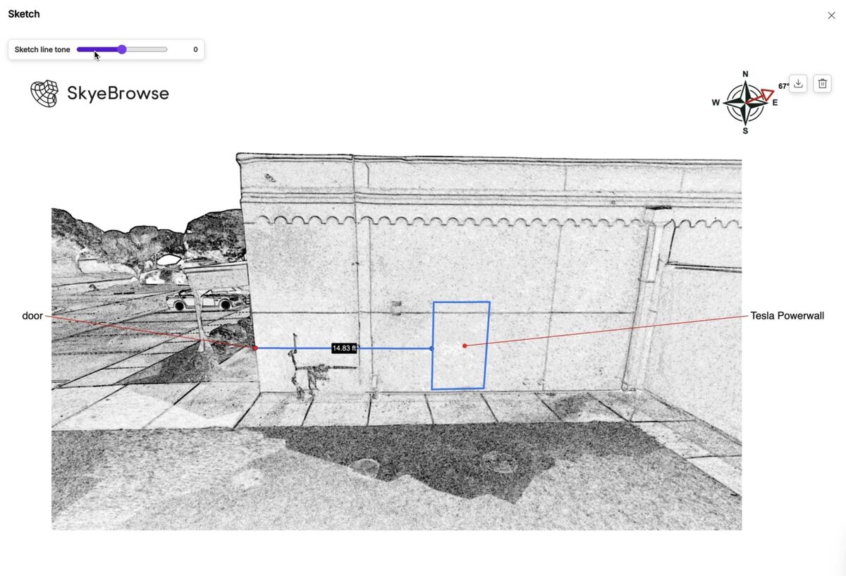 SkyeBrowse Sketch Drawing showing annotations, a measurement, compass, and view direction