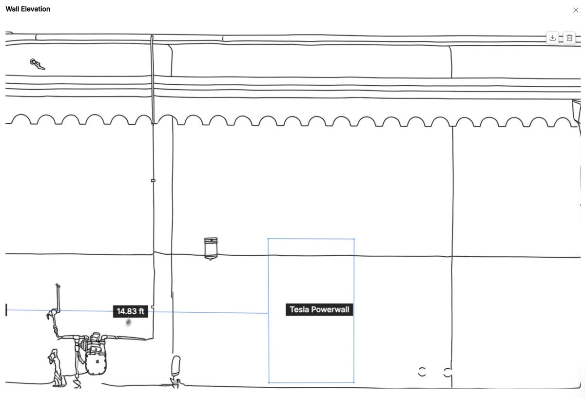 SkyeBrowse AI Wall Elevation showing traced wall geometry, a measurement, and an annotation
