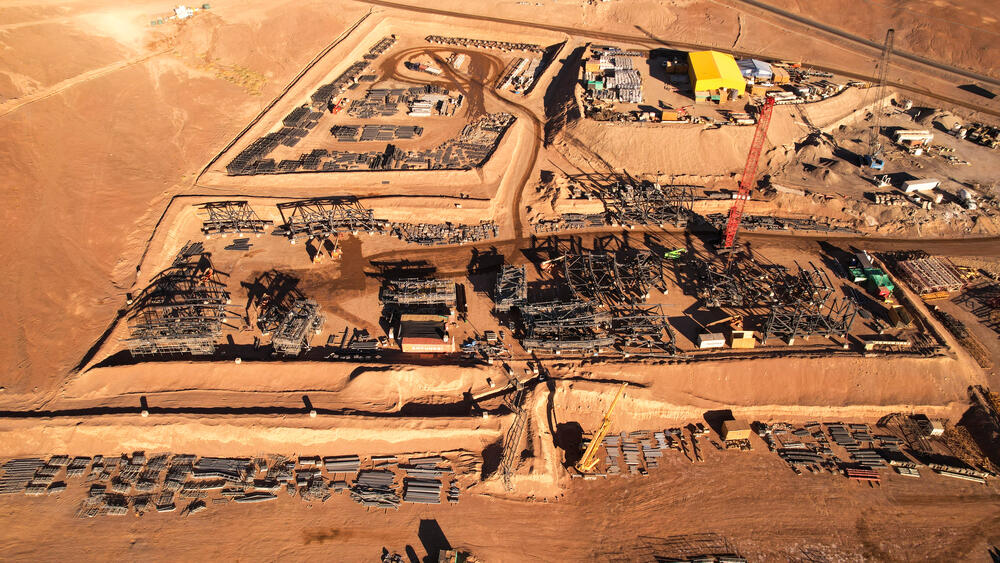Aerial drone view of large construction site earthwork and excavation for volume survey