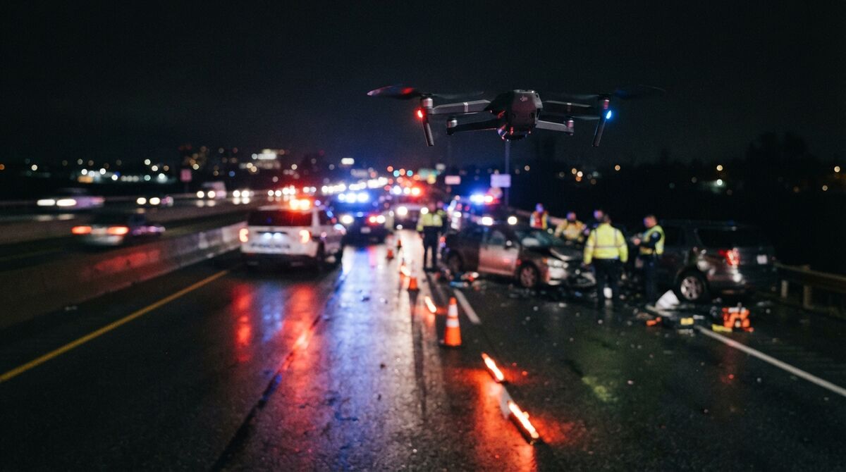 Drone hovering above a nighttime roadway collision scene with patrol car lights reflecting off wet asphalt