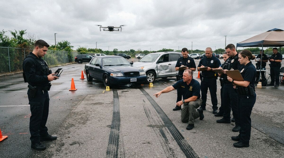 Police officers at an accident reconstruction training exercise examining skid marks near a staged two-vehicle collision