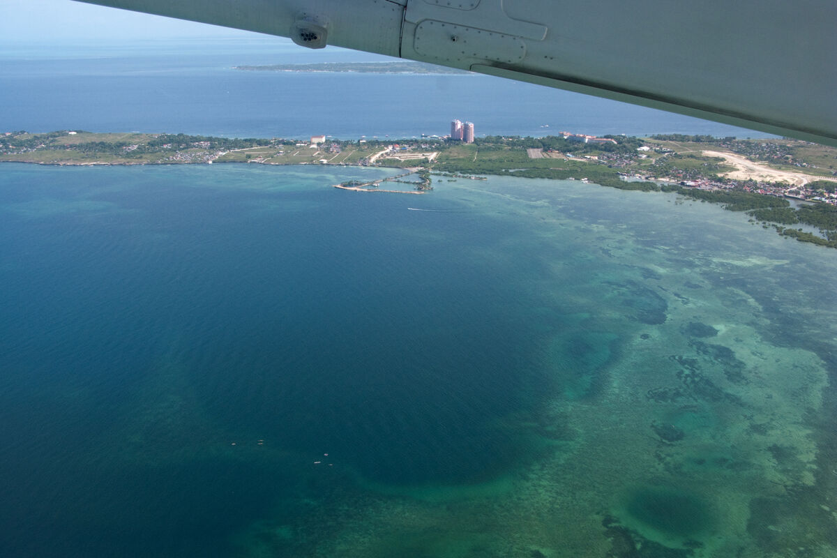 Aerial photogrammetry of a coastal region showing typical top-down drone survey coverage