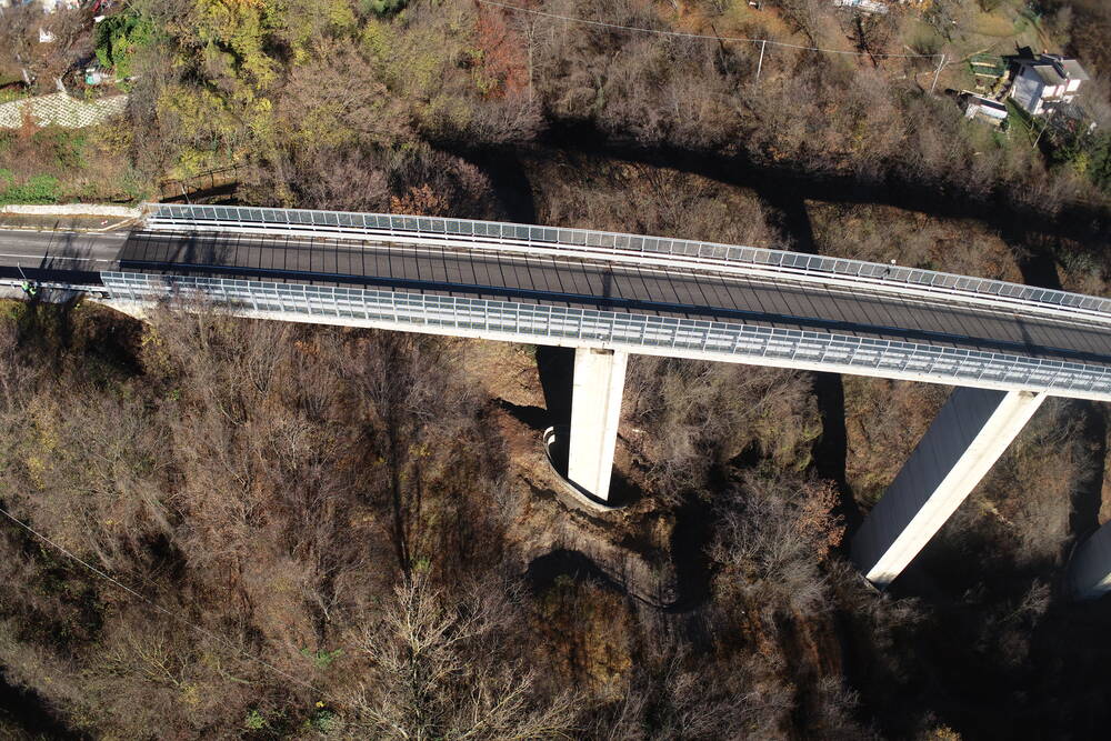Drone view of a highway bridge during aerial inspection, bridge and roadway inspections