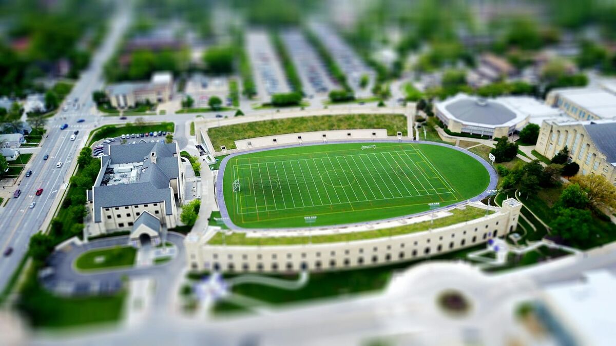 Aerial view of a university campus showing building layout and grounds