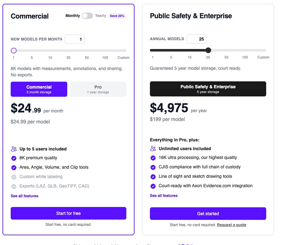SkyeBrowse pricing page comparing the Commercial plan at $24.99 per model with Public Safety & Enterprise at $199 per model, which lists unlimited users, 16K ultra processing, CJIS compliance with full chain of custody, and the Axon Evidence.com integration