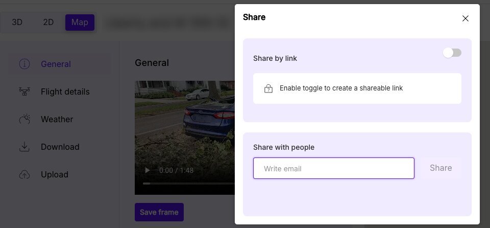 SkyeBrowse model page with the Share dialog open, showing the public share-by-link toggle switched off and a field to share the model with specific people by email