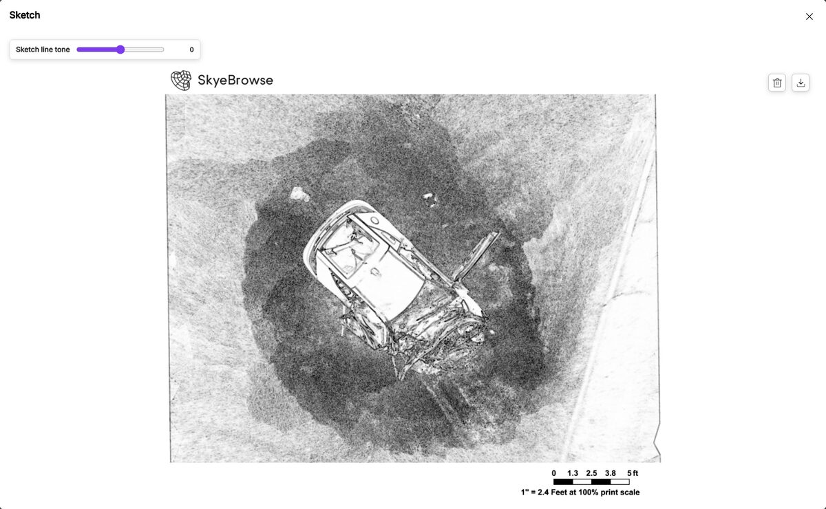 Top-down black-and-white Sketch Drawing generated by SkyeBrowse from a 3D model of a damaged vehicle at an outdoor scene, north-up with a graphic scale bar in feet
