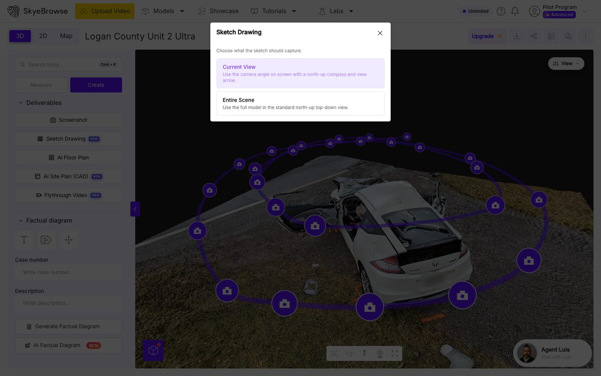 SkyeBrowse viewer Create panel on a vehicle scene model with the Sketch Drawing dialog offering Current View and Entire Scene, above Factual Diagram case number, description and AI Factual Diagram options