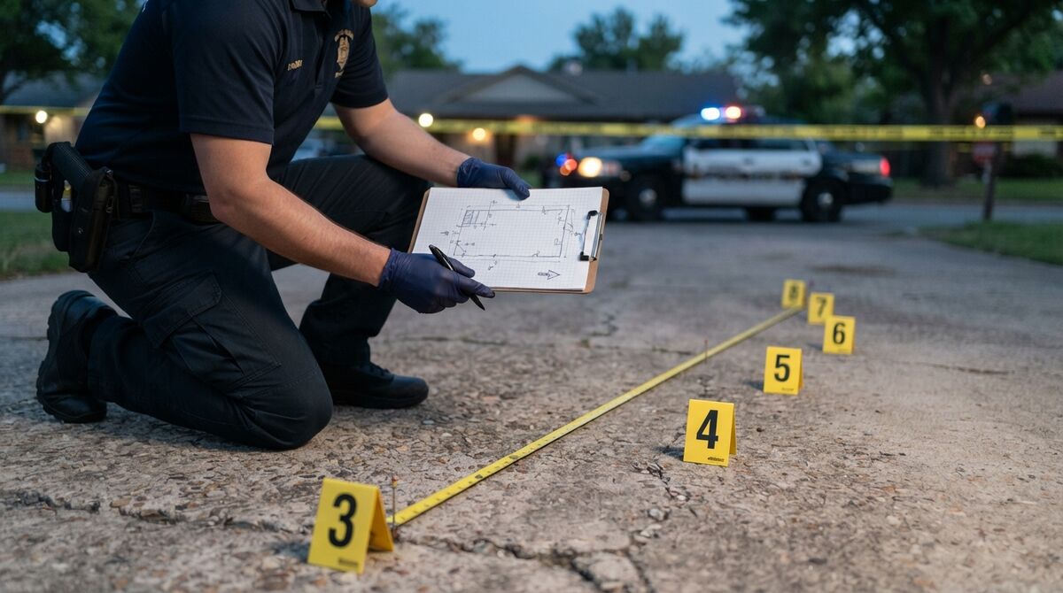 Crime scene investigator kneeling on a driveway beside numbered yellow evidence markers and a stretched measuring tape, holding a clipboard with a hand-drawn overhead sketch