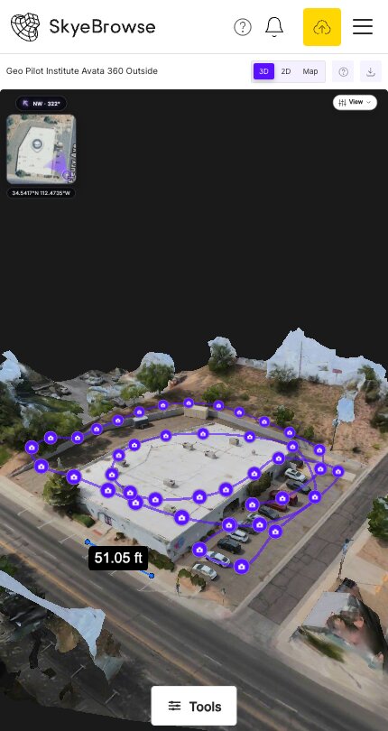 Phone view of a shared SkyeBrowse 3D model of a commercial building with image walkthrough cameras along the drone's orbit path and a 51.05 ft measurement on the street