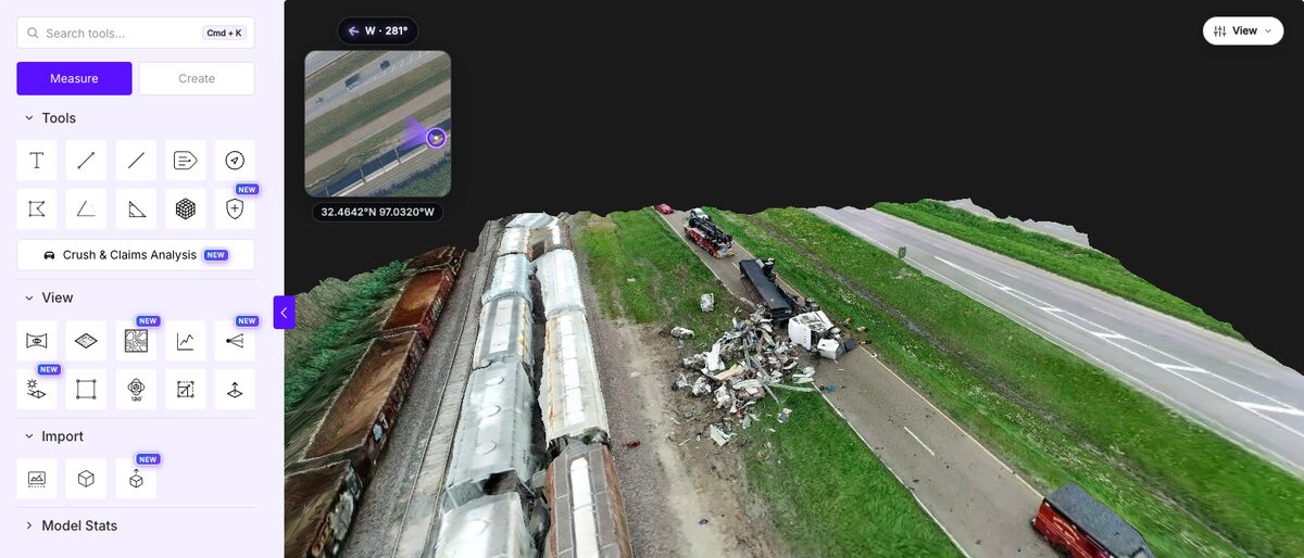 SkyeBrowse 3D viewer showing a highway crash scene beside derailed rail cars, with a fire apparatus on the shoulder, a debris field, and the Measure and View tool panels open
