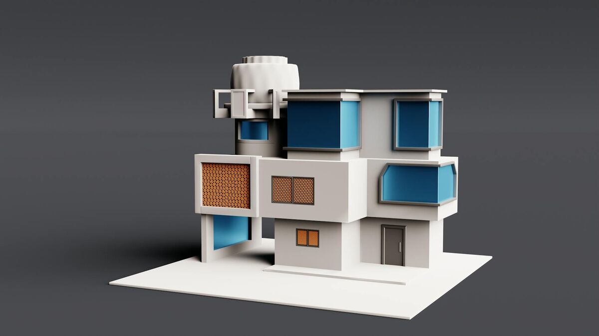 3D rendering of a modern building model with geometric design, representing digital twin technology
