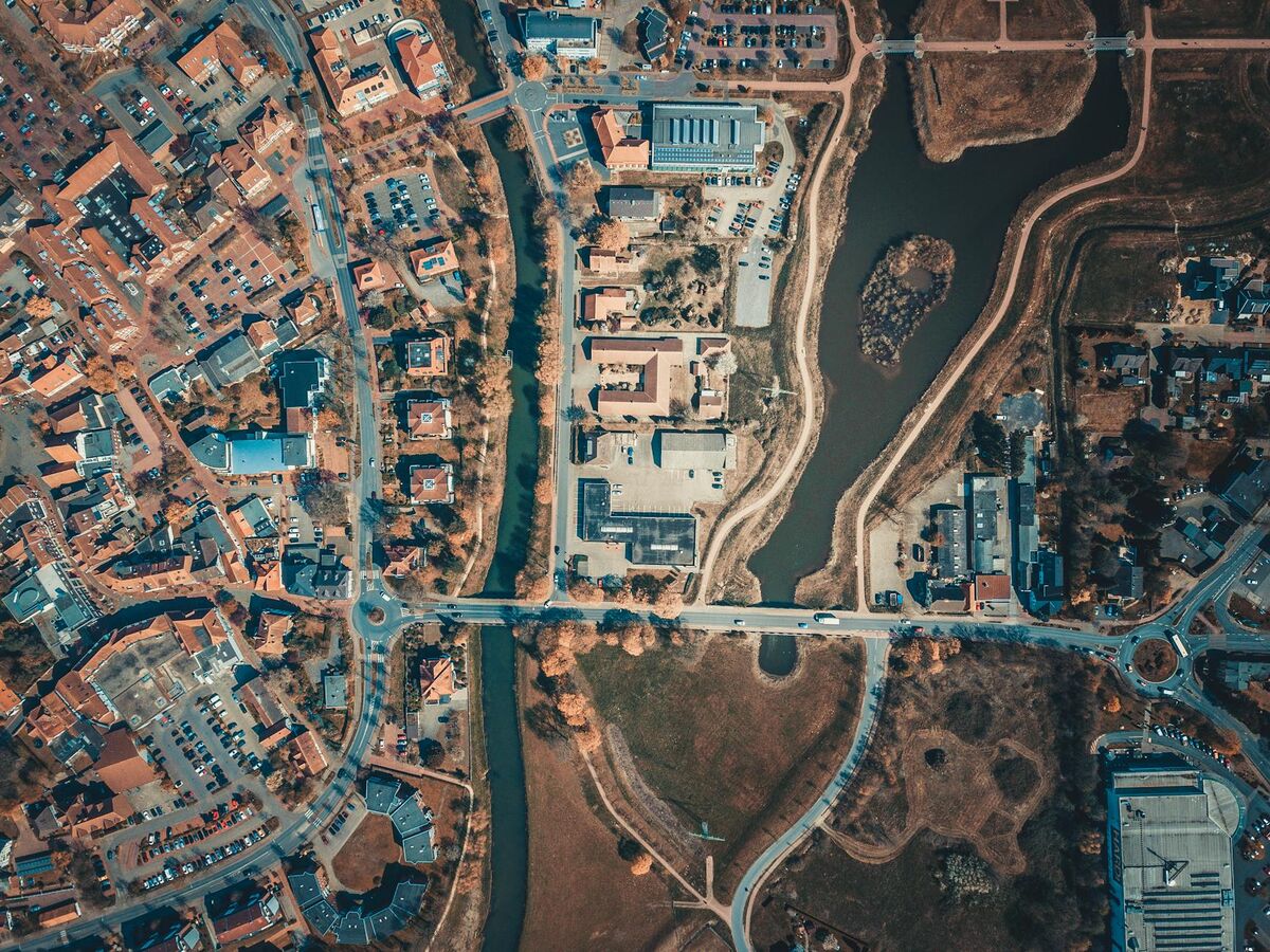 Aerial view of city buildings and infrastructure used as basis for a drone digital twin