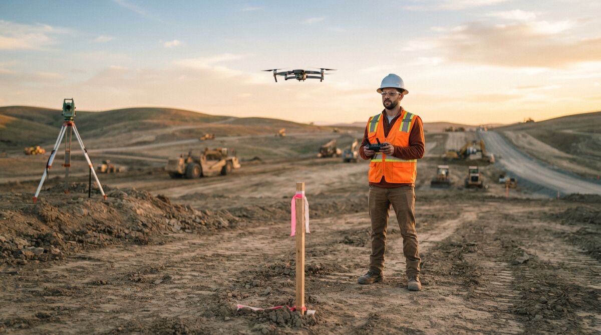 Land surveyor in a high-visibility vest flying a mapping drone above a survey stake on a graded construction site