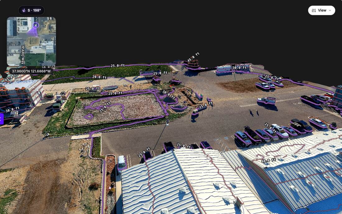 SkyeBrowse 3D model of a Brentwood, California construction site with surface contour lines labeled in feet wrapping around parked vehicles, a gravel lot and metal warehouse roofs