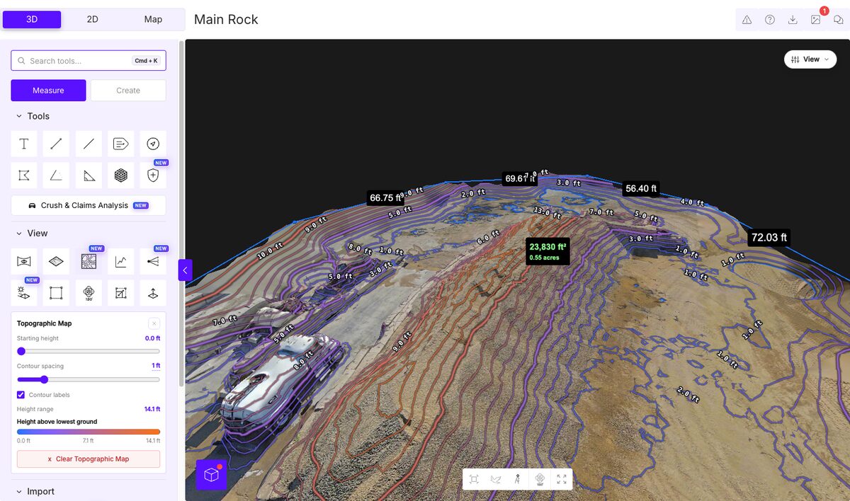 SkyeBrowse viewer Topographic Map panel with a contour spacing slider set to 1 ft and a height-above-lowest-ground color legend, showing labeled purple and orange contour lines over a 3D model of a rock quarry