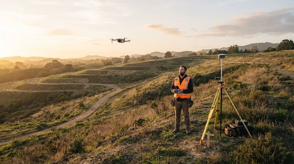 Land surveyor in a high-visibility vest flying a quadcopter drone over a rolling hillside parcel at sunrise, with a GNSS rover on a tripod beside a wooden survey stake