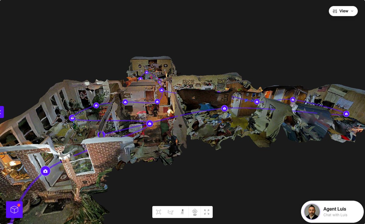 Interior 3D model of a residence in the SkyeBrowse viewer with image walkthrough cameras along the capture path