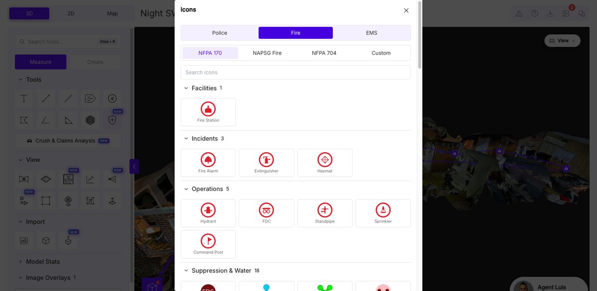 SkyeBrowse Icons picker on the Fire tab showing NFPA 170 pre-plan symbols for hydrant, FDC, standpipe, sprinkler, fire alarm, and extinguisher