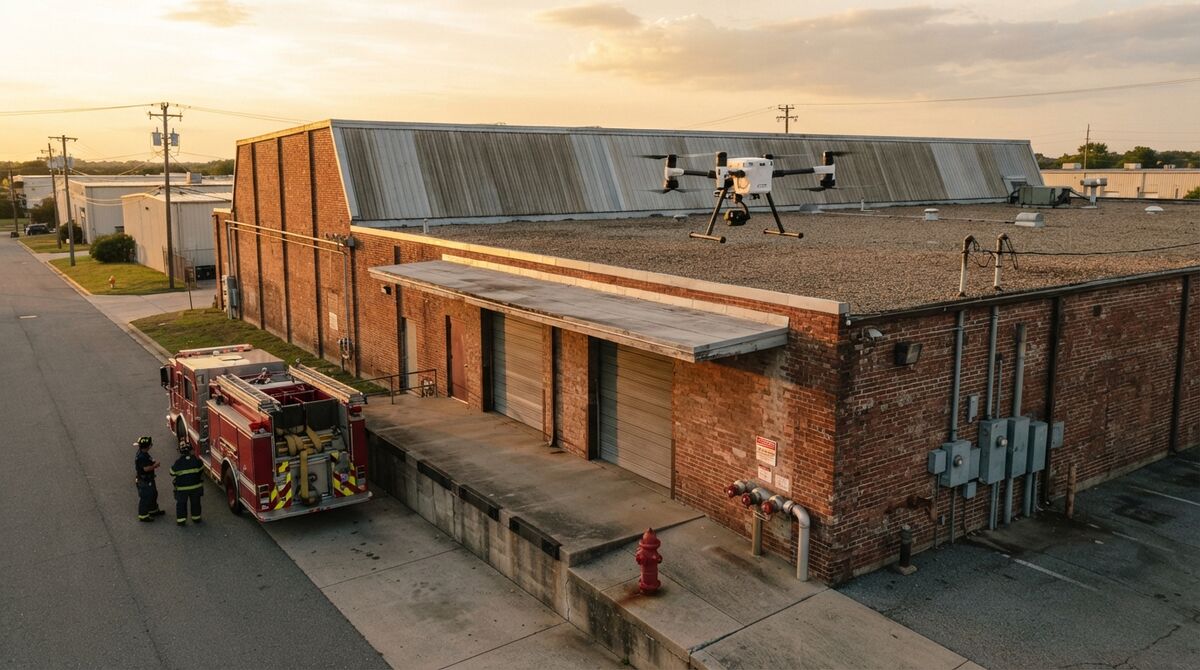 Enterprise drone hovering over a brick warehouse at sunset with a fire engine, hydrant, and fire department connection near the loading dock