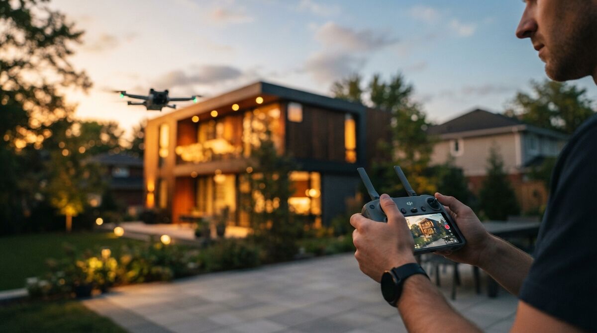 Person flying a drone in a slow orbit around a modern house at dusk to capture video for 3D reconstruction