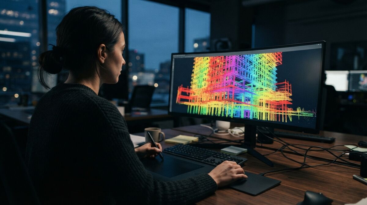 Workstation monitor showing a colorful dense 3D point-cloud rendering of a building