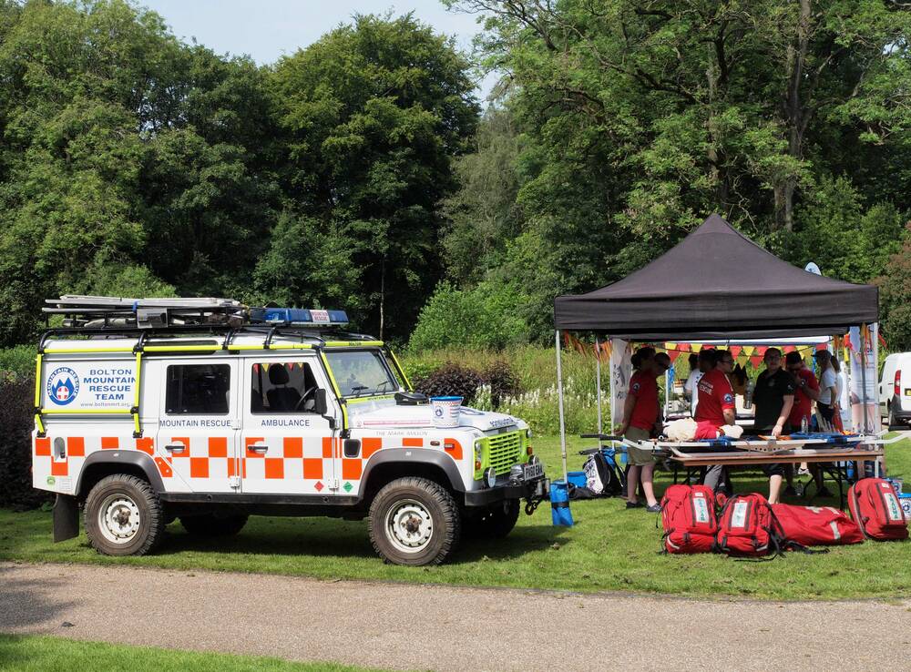 Mountain rescue team in field coordinating search coverage across rugged terrain for SAR operations