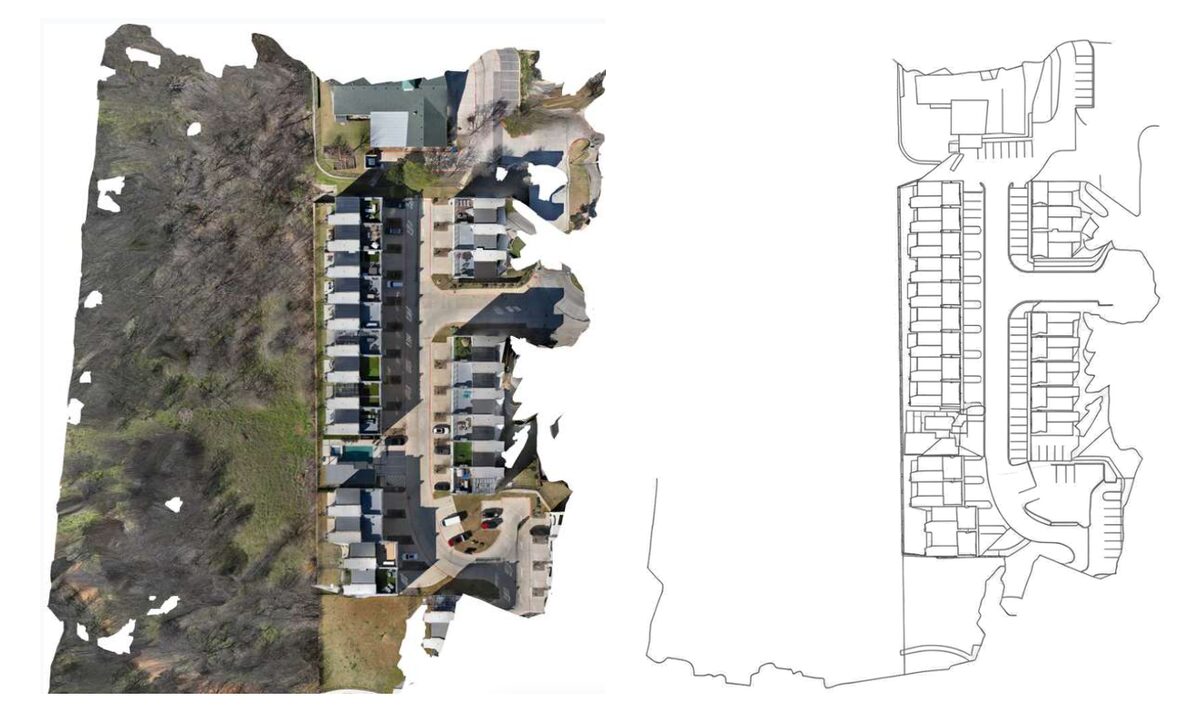 Top-down GeoTIFF orthophoto of a condo complex next to the CAD site plan SkyeBrowse AI traced from it, showing building footprints, parking stalls and drive aisles