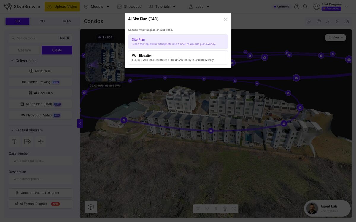 SkyeBrowse AI Site Plan (CAD) dialog on a drone-built 3D model of a condo complex, offering Site Plan and Wall Elevation trace modes