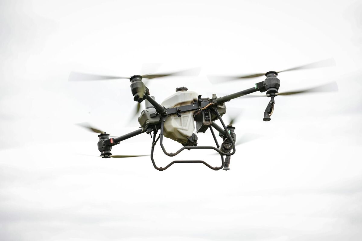 Agricultural surveying drone flying over crop rows at low altitude