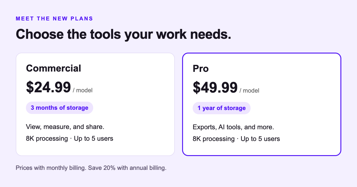 SkyeBrowse Commercial and Pro pricing and storage comparison